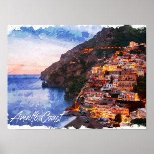 Amalfi Coast Italy Watercolor Coastline Positano Poster