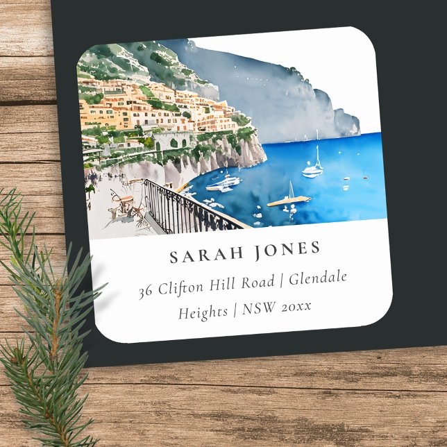 Amalfi Coast Italy Watercolor Landscape Address Square Sticker (Creator Uploaded)