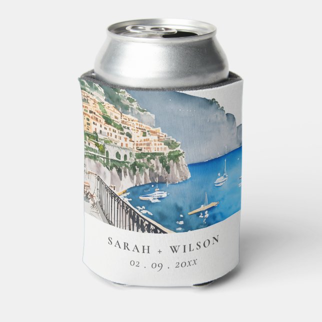 Amalfi Coast Italy Watercolor Landscape Wedding Can Cooler (Can Back)