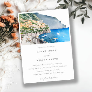 Amalfi Coast Italy Watercolor Landscape Wedding Invitation
