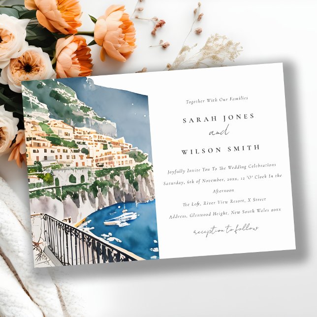 Amalfi Coast Italy Watercolor Landscape Wedding Invitation (Creator Uploaded)