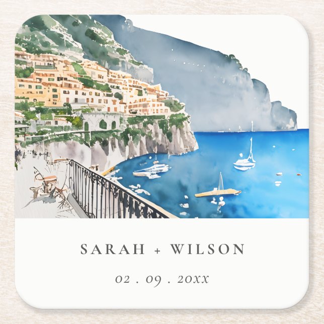 Amalfi Coast Italy Watercolor Landscape Wedding Square Paper Coaster (Front)