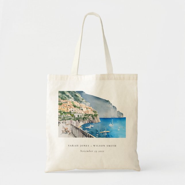 Amalfi Coast Italy Watercolor Landscape Wedding Tote Bag (Front)