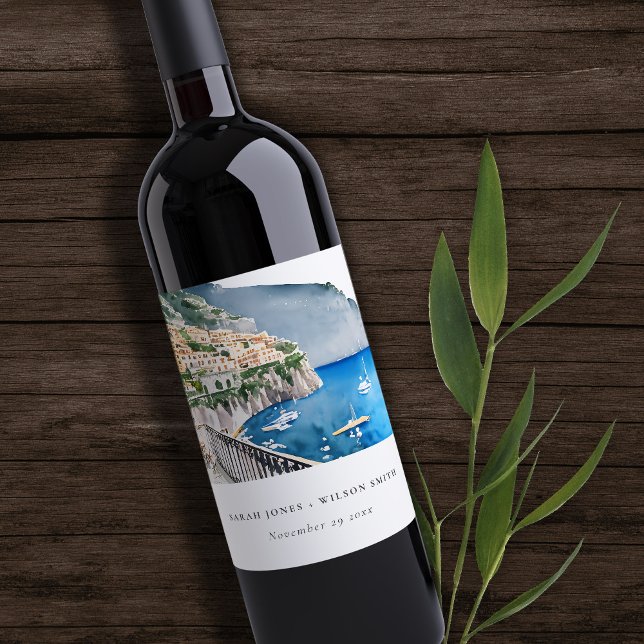 Amalfi Coast Italy Watercolor Landscape Wedding Wine Label (Creator Uploaded)