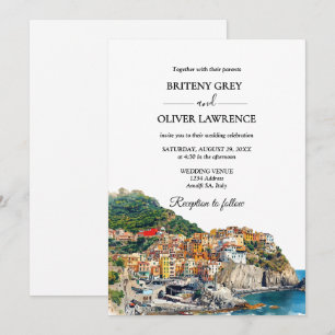 Amalfi Coast Italy Watercolor Skyline Wedding Invitation