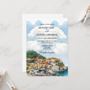 Amalfi Coast Italy Watercolor Skyline Wedding Invitation