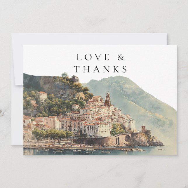 Amalfi Coast Italy Watercolor Wedding Photo Thank You Card (Front)
