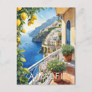 Amalfi Coast Lemon Balcony Ocean View Retro Travel Postcard