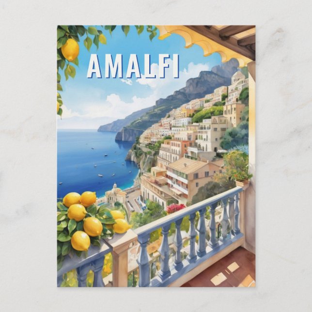 Amalfi Coast Lemon Balcony Sea View Retro Travel Postcard (Front)