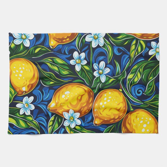 Amalfi Coast Lemon & Blue Tile Tea Towel (Horizontal)