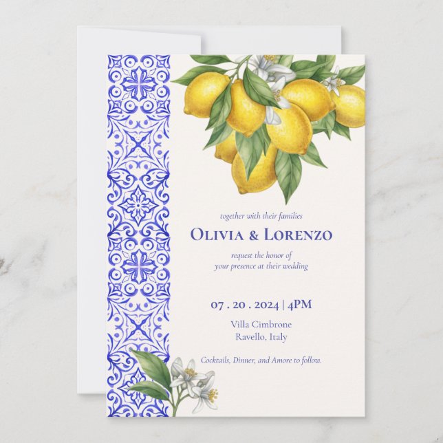 Amalfi Coast Lemon & Blue Tile Wedding Invitation  (Front)