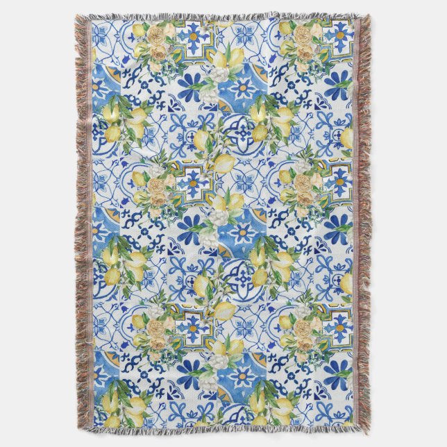 Amalfi Coast Lemon Majolica Pattern Throw Blanket (Front Vertical)