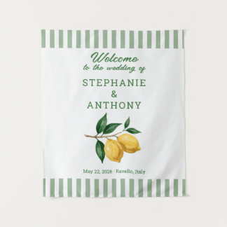 Amalfi Coast Lemon Sage Stripe Welcome Wedding Tapestry