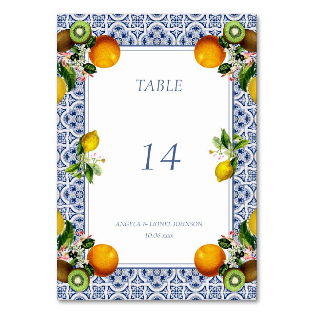 Amalfi Coast Lemon Tiles Italy Personalised names Table Number (Front)