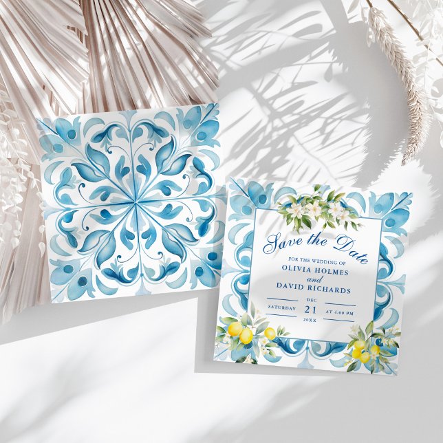 Amalfi Coast Lemon Wedding Blue Tile Save The Date (Modern Blue Tiles and Lemon Save the Date Card on a sunny white table with white dry palm leaf.)