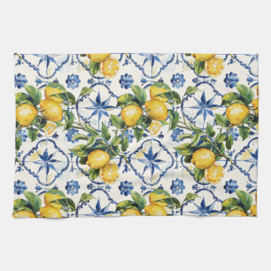 Amalfi Coast Lemons and Tiles Pattern Tea Towel