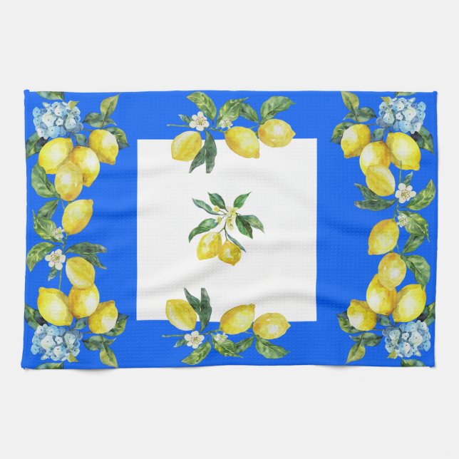 Amalfi Coast Lemons Ocean Blue Tea Towel (Horizontal)
