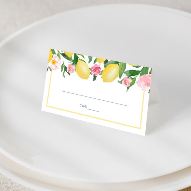 Amalfi Coast Lemons Pink Flowers Wedding Party Place Card (lemons with pretty pink flowers and mediterranean tiles wedding shower place cards)