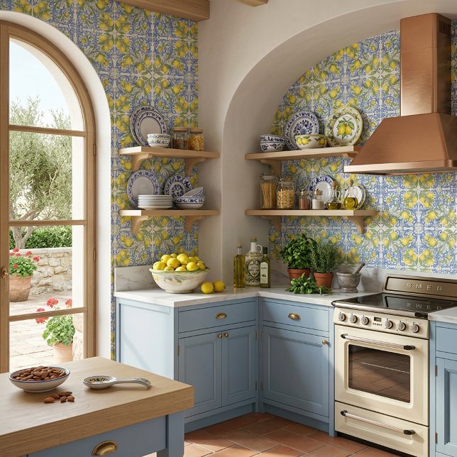 Amalfi Coast Mediterranean Blue Tile Lemon Pattern Wallpaper (Amalfi Coast Mediterranean Blue Tile Lemon Pattern Wallpaper )