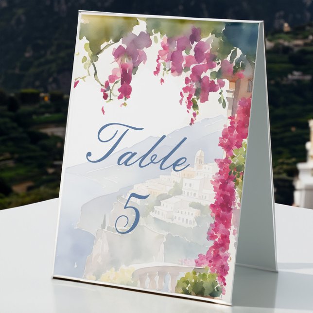 Amalfi coast Mediterranean Italian bridal shower (Amalfi coast Mediterranean Italian bridal shower Table Tent Sign bougainvillea Positano view)