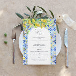 Amalfi Coast | Mediterranean Lemon Tiles Menu<br><div class="desc">Beautiful menu cards to compliment your table settings at your wedding or next dinner party. Beautiful watercolor tiles, lemons and greenery adorns this elegant menu that is completely customisable. Hills in the sunset, olive groves, lemon trees, and white wine. This palette brings gorgeous graphics, soft patterns, and florals of all...</div>