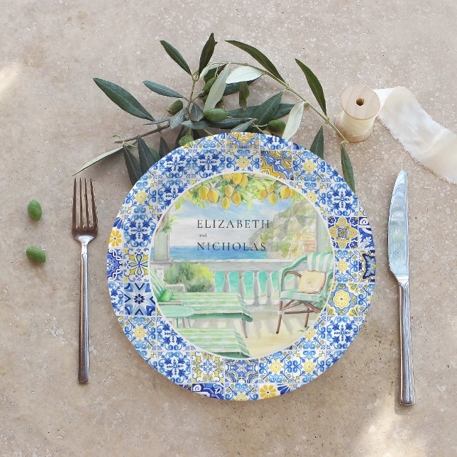 Amalfi Coast | Mediterranean Lemon Tiles Paper Plate (Creator Uploaded)