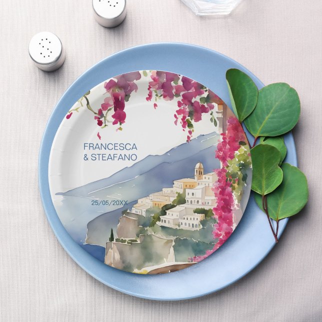 Amalfi coast Mediterranean monogram printed Paper Plate (Amalfi coast Mediterranean bridal shower wedding monogram printed Paper Plates)