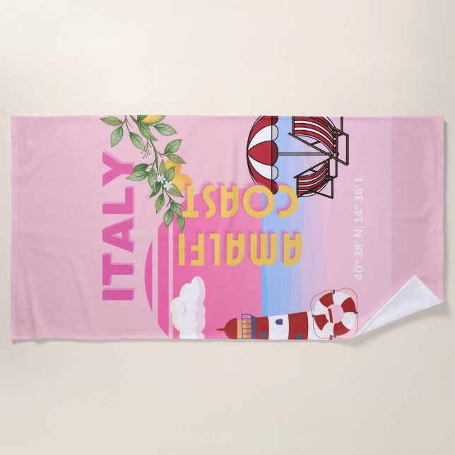 Amalfi Coast, Preppy Travel, Pink Beach Towel (Front)