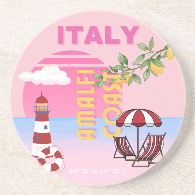Amalfi Coast, Preppy Travel, Pink Coaster (Front)