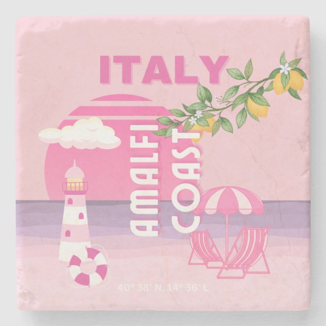 Amalfi Coast, Preppy Travel, Pink Stone Coaster (Front)