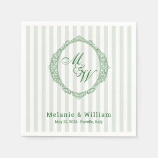 Amalfi Coast Sage Stripe Crest Monogram Wedding Napkin