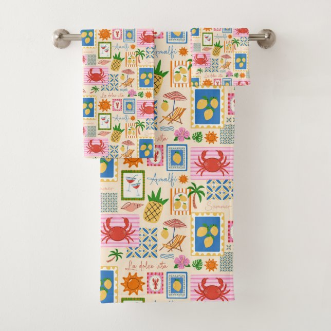 Amalfi Coast Summer Mediterranean Pattern  Bath Towel Set (Insitu)