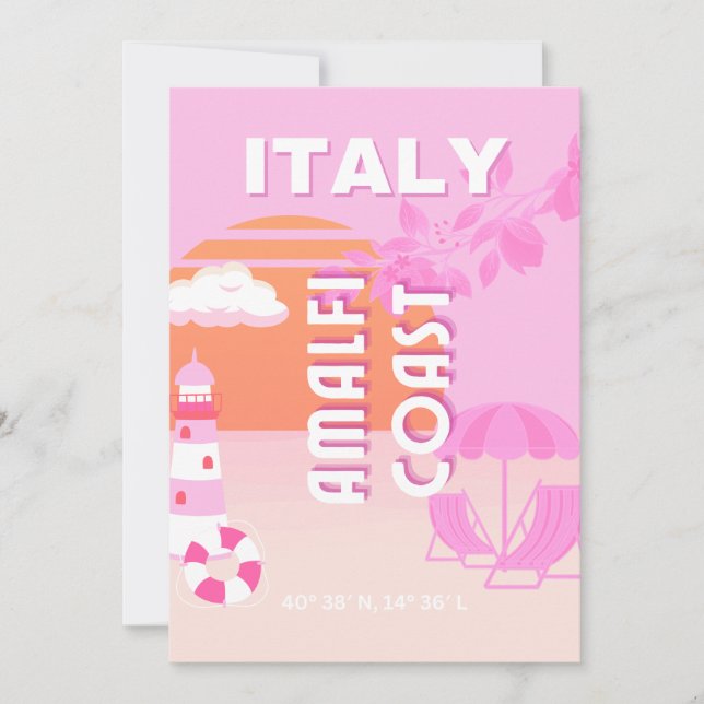 Amalfi Coast, Travel Art, Preppy Travel, Pink Holiday Card (Front)
