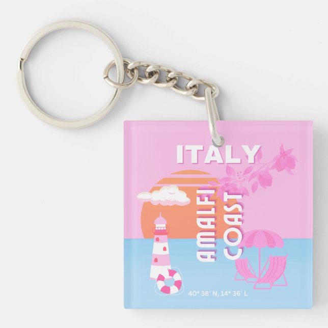 Amalfi Coast Travel Art, Preppy Travel, Pink Key Ring (Front)