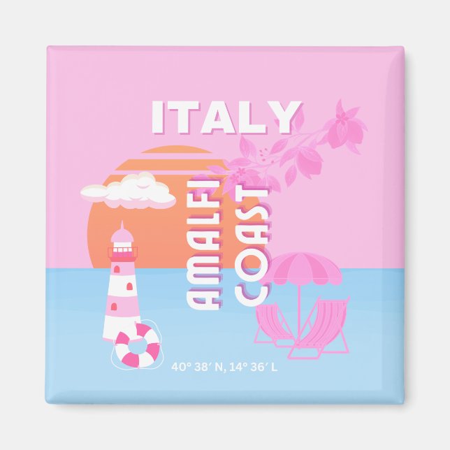 Amalfi Coast Travel Art, Preppy Travel, Pink Magnet (Front)