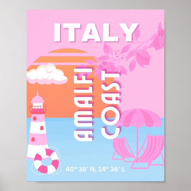 Amalfi Coast Travel Art, Preppy Travel, Pink Poster (Front)