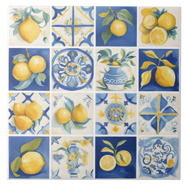 Amalfi Coast Watercolor Mediterranean Lemon  Ceramic Tile (Front)