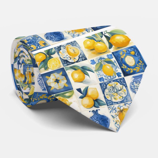 Amalfi Coast Watercolor Mediterranean Lemon Neck T Tie (Rolled)