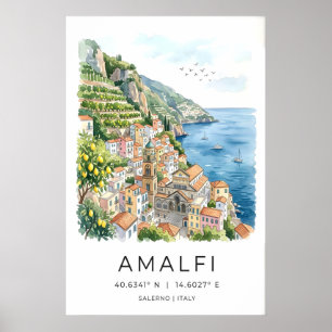 Amalfi Coast Watercolor Print Turquoise Sea