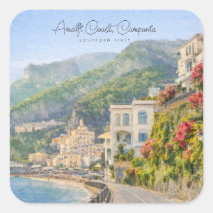 Amalfi Coast Watercolor Romantic Travel Keepsake Square Sticker