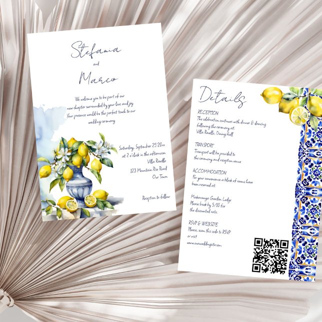 Amalfi Italian blue tile lemons all in one wedding Invitation (Amalfi Italian blue tiles lemons all in one wedding Invitation template instant download)