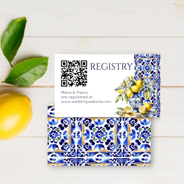Amalfi Italian blue tiles lemons qr gift registry Enclosure Card (Amalfi Italian Vietri blue tiles and lemons bridal shower wedding qr gift registry Enclosure Card)