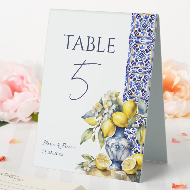 Amalfi Italian blue tiles lemons table numbers (In SItu (Wedding))