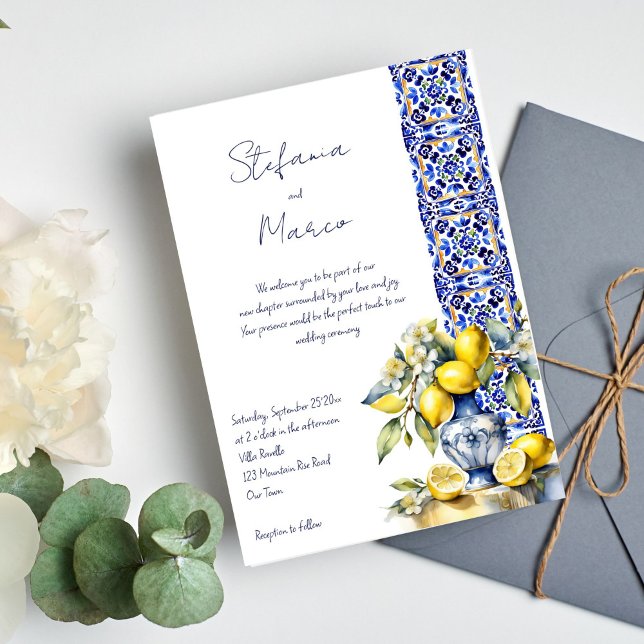Amalfi Italian blue tiles lemons wedding Invitation (Amalfi Italian blue tiles lemons wedding Invitation editable template digital download casual script)