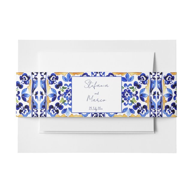 Amalfi Italian blue tiles lemons wedding Invitation Belly Band (Front Example)