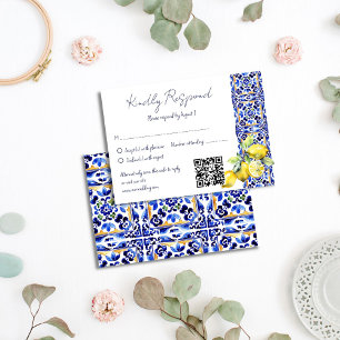 Amalfi Italian blue tiles lemons wedding RSVP Card