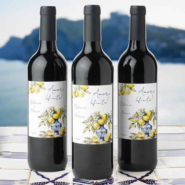 Amalfi Italian blue tiles lemons wedding Wine Label (Amalfi Italian blue tiles lemons wedding personalized printed Wine Label blue ceramic vase tableware)