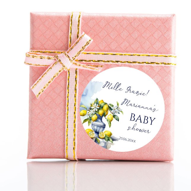 Amalfi Italian blue vase lemon baby shower favour Classic Round Sticker (Amalfi Italian vintage ceramic blue vase lemon baby shower thank you favor Classic Round Sticker)