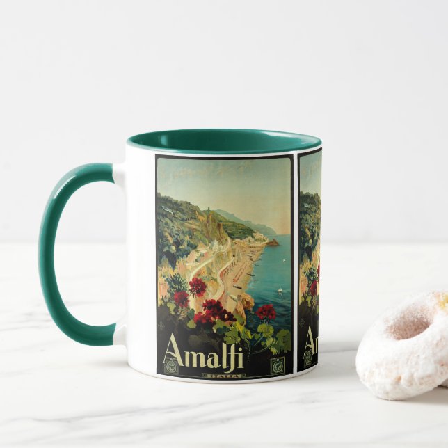 Amalfi Italian Coast, Vintage Travel Poster Italy Mug (With Donut)