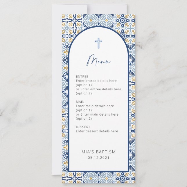 Amalfi Italian Tile Summer Baptism Menu Card (Front)